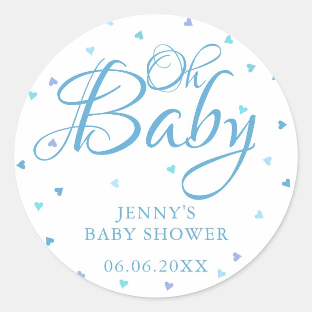 Sticker Rond Oh Baby Blue Love Hearts Baby shower / Saupoudrer (Devant)