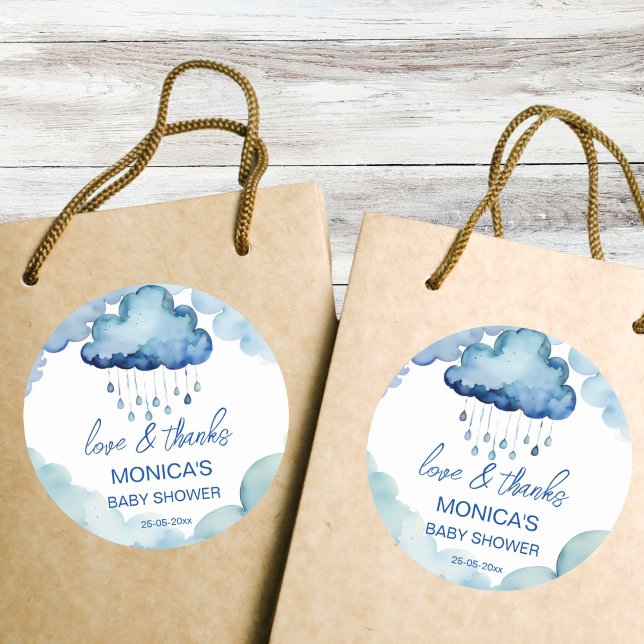 Sticker Rond Oh Baby Cloud baby shower merci (Oh Baby cloud baby shower favor thank you  Sticker whimsical blue cloud with raindrops favor sticker)