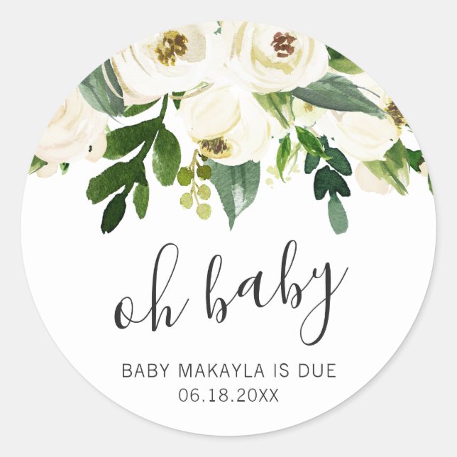 Sticker Rond Oh Baby Elegant Blanc Floral Girl Baby shower (Devant)