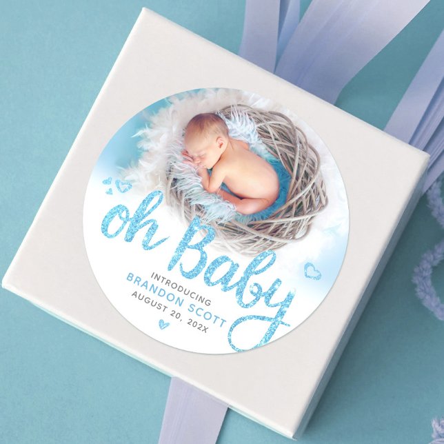 Sticker Rond Oh Baby Modern Sweet Boy Birth Photo Turquoise (Créateur téléchargé)