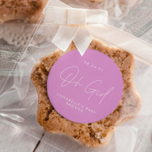 Sticker Rond oh Baby shower fille script cerise rose élégant