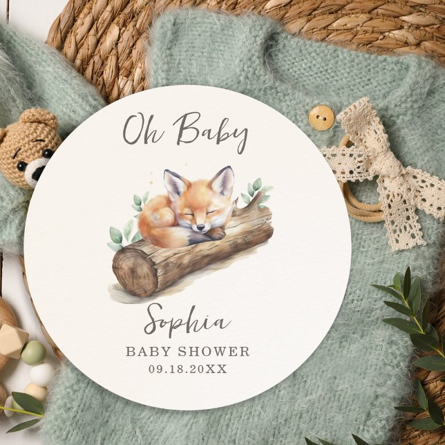 Sticker Rond Oh Baby Warm Beige Woodland Fox Baby Shower  (Créateur téléchargé)