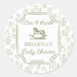 Sticker Rond Oh bébé cheval à bascule vert sauge baby shower