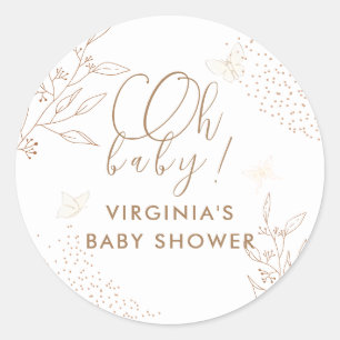 Sticker Rond Oh Bébé Elegant Feuille papillon Baby shower