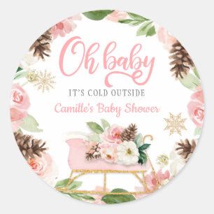 Sticker Rond Oh Bébé Faveur de Baby Shower Fille Rose Hiver
