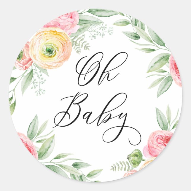 Sticker Rond Oh Bébé Fleurs de Renoncule Aquarelle Baby Shower (Devant)