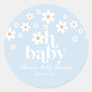 Sticker Rond Oh Bébé ! Retro Daisy bleu bohème Baby Shower