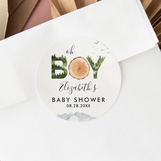 Sticker Rond Oh Boy Aquarelle Bois Ours Baby shower (Créateur téléchargé)
