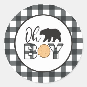 Sticker Rond Oh Boy Bear carreau Buffalo plaid Baby Shower