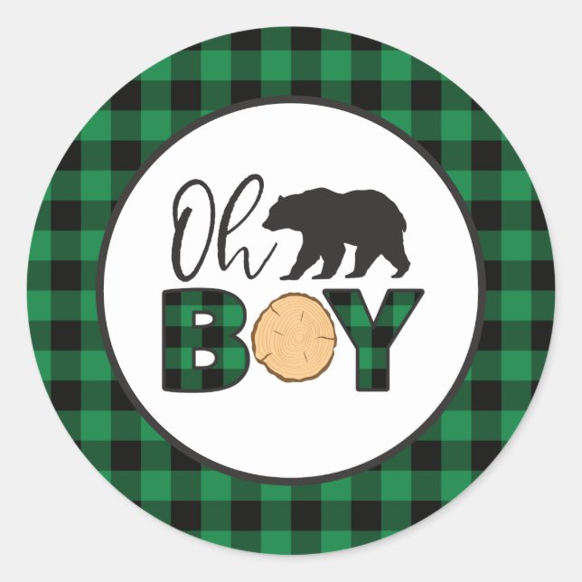 Sticker Rond Oh Boy Bear vert Buffalo Plaid Baby shower (Devant)
