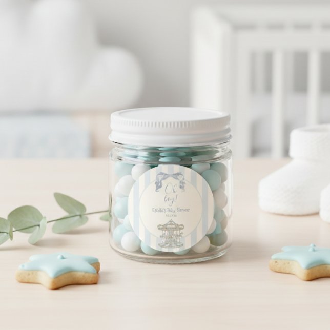 Sticker Rond Oh Boy Bow Carousel  Blue Stripe Baby Shower  (Créateur téléchargé)