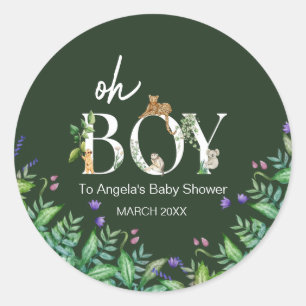 Sticker Rond Oh boy Safari Animal Jungle Baby shower blanc