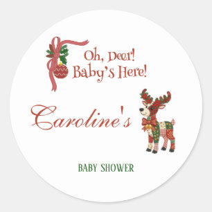 Sticker Rond Oh, Cerf ! Bébé est arrivé ! – Baby Shower de Noël