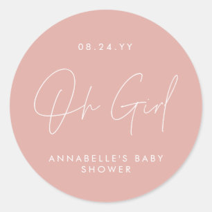 Sticker Rond oh fille Baby shower script rose élégant