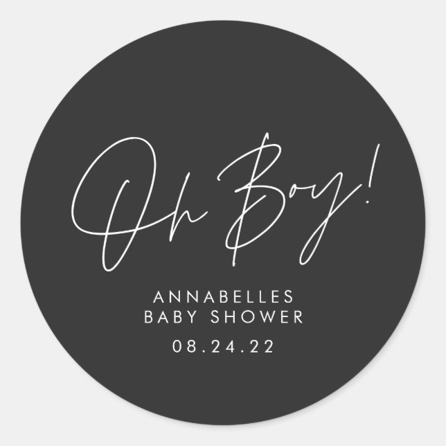 Sticker Rond oh garçon Baby shower script noir élégant (Devant)