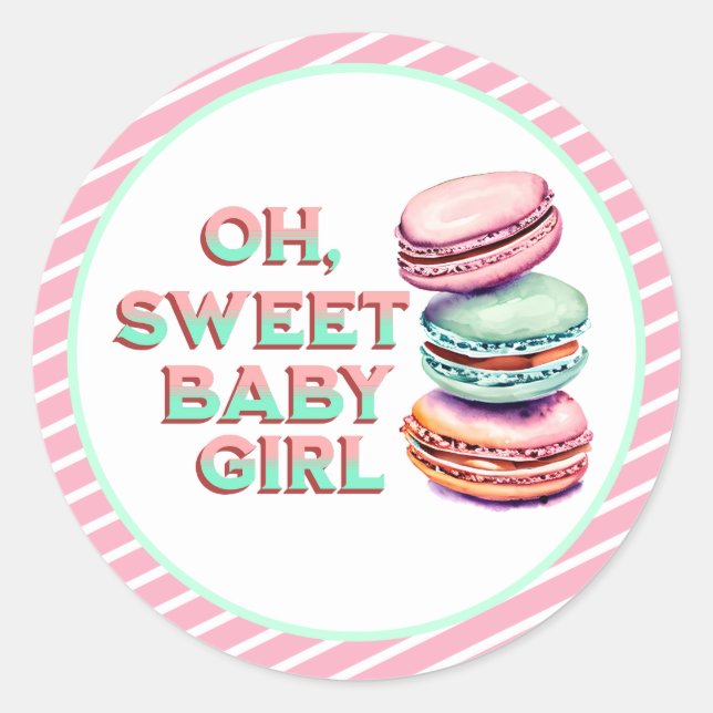 Sticker Rond Oh Sweet Baby Girl Macaron Baby shower à thème (Devant)