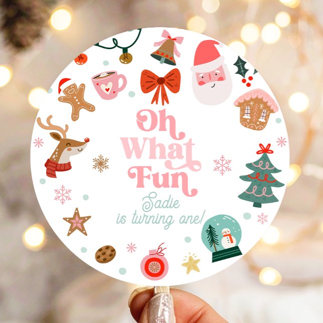 Sticker Rond Oh What Fun Christmas Party Fille 1er anniversaire (Créateur téléchargé)