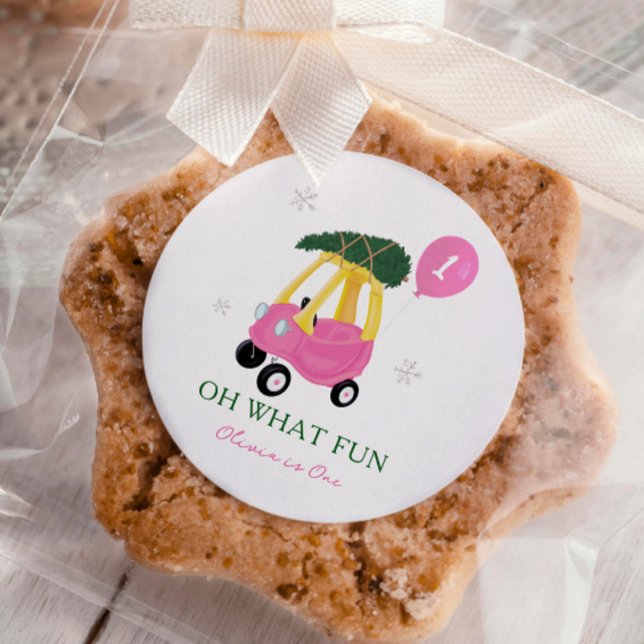 Sticker Rond Oh What Fun Pink Christmas Car 1st Birthday Party  (Créateur téléchargé)