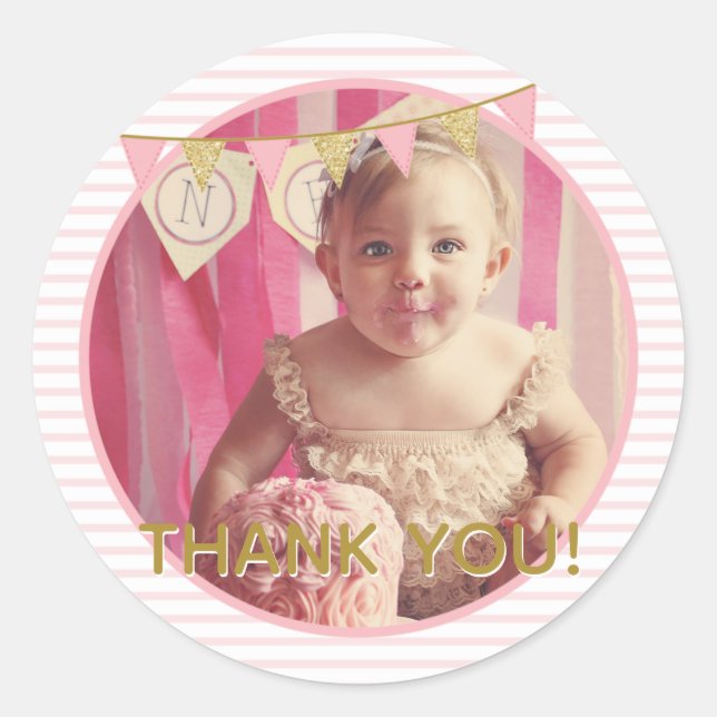 Sticker Rond Oh What Fun to be ONE Pink & Gold First Birday (Devant)