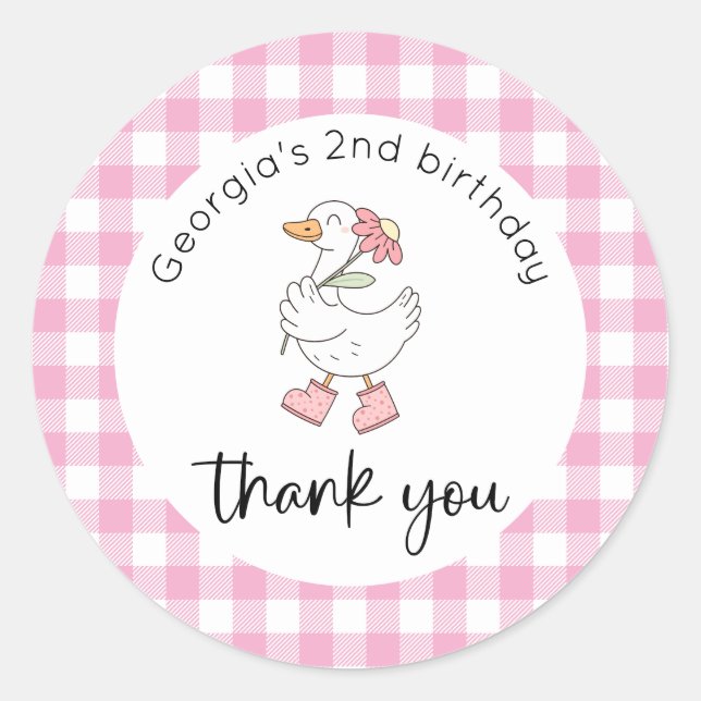 Sticker Rond Oie soie rose Merci d'anniversaire (Devant)