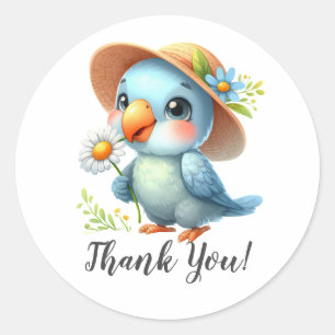 Sticker Rond Oiseau bleu avec Casquette et Merci à fleurs