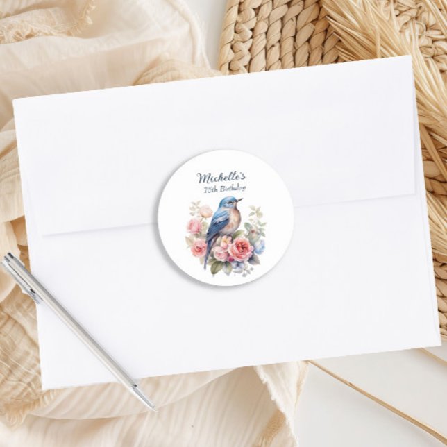 Sticker Rond Oiseau Bleu Fleurs Roses 75e Anniversaire (Blue bird pink floral birthday party envelope seal sticker)