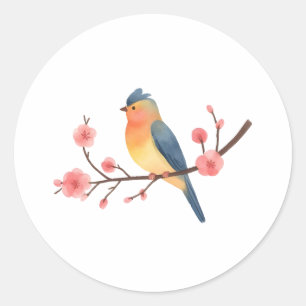 Sticker Rond Oiseau chanteur à l'aquarelle sur branche de fleur