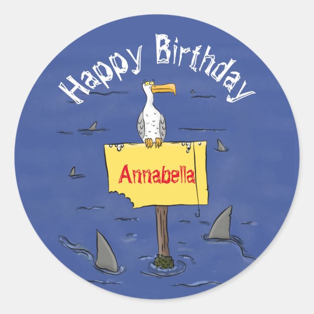 Sticker Rond Oiseau de mer amusant entouré de dessins animés de (Devant)