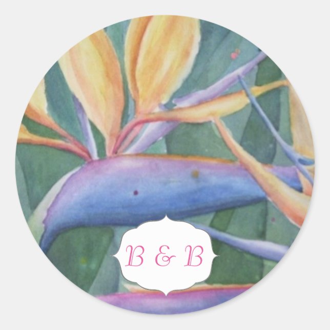 STICKER ROND OISEAU DE PARADIS BOUTEILLES DE FLEURS DE COULEUR  (Devant)