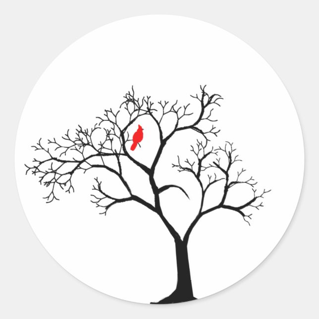Sticker Rond Oiseau rouge cardinal dans un arbre d'hiver neigeu (Devant)