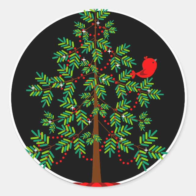 Sticker rond Oiseau rouge sapin de Noël (Devant)