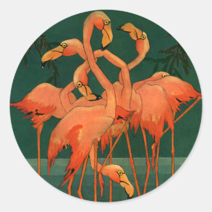 Sticker Rond Oiseaux Animaux Sauvages Vintage, Flamants Roses T