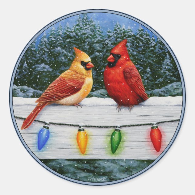 Sticker Rond Oiseaux cardinaux et lumières de Noël (Devant)