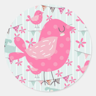 Sticker Rond Oiseaux, Chiens, Bannières, Fleurs