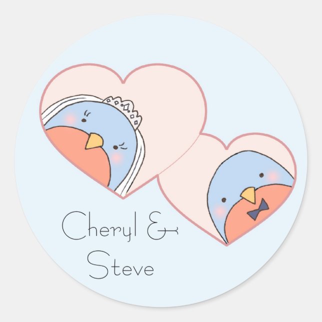 Sticker Rond Oiseaux de mariage dans les Coeurs Bleu (Devant)