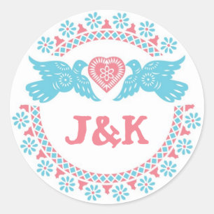 Sticker Rond Oiseaux de mer corail et aqua collant rond