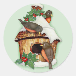 Sticker Rond Oiseaux d'hiver et maison d'oiseaux