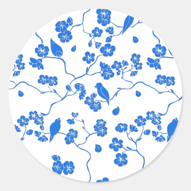 Sticker Rond Oiseaux en fleurs de cerisiers Bleu Imprimer (Devant)