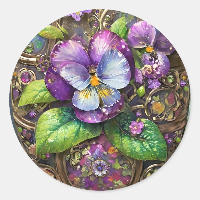 Sticker Rond Oiseaux en fleurs Pied violets Fleur sauvage Oeuf  (Devant)