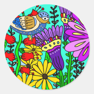 Sticker Rond Oiseaux et fleurs Art folklorique