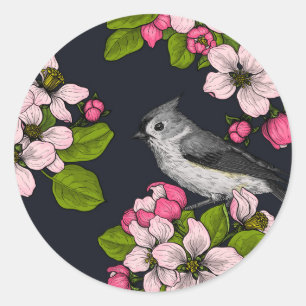 Sticker Rond Oiseaux et fleurs en noir