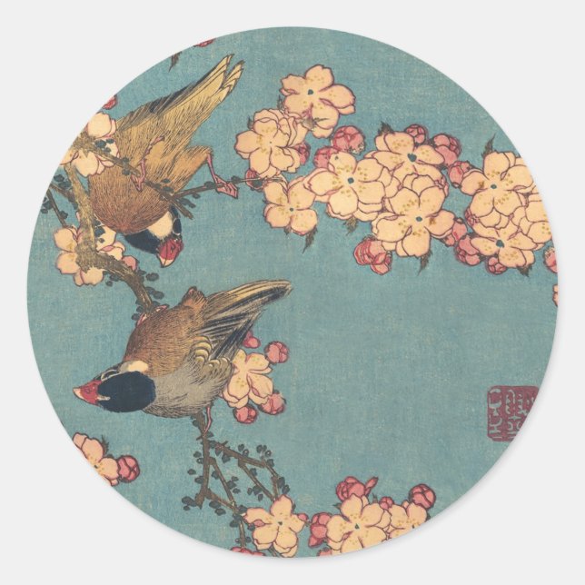 Sticker Rond Oiseaux Fleurs Hokusai Art Japonais (Devant)