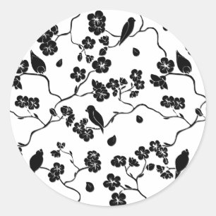Sticker Rond Oiseaux Motifs noirs et blancs sur les fleurs de c