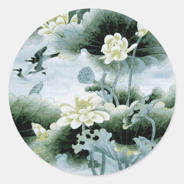 Sticker Rond Oiseaux orientaux et fleurs (Devant)