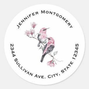 Sticker Rond Oiseaux roses et noirs sur une branche d'arbre Adr