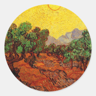 Sticker Rond Olive Trees with Yellow Sky and Sun