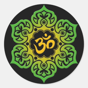 Sticker Rond Om de lotus vert et jaune sur noir