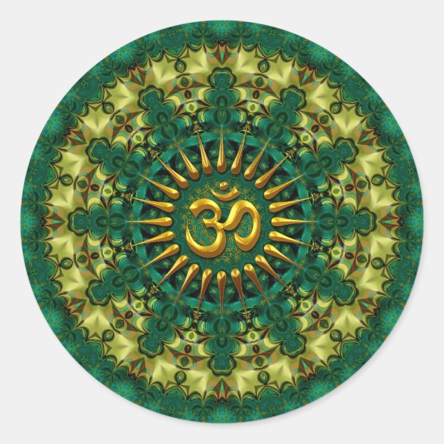 Sticker Rond Om doré & Nature Vert Mandala Géométrie Art (Devant)