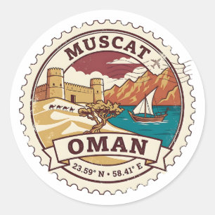 Sticker Rond Oman Vintage Travel Stamp Muscat