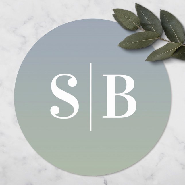 Sticker Rond Ombre Monogrammé Dusty Blue & Green Mariage (Créateur téléchargé)